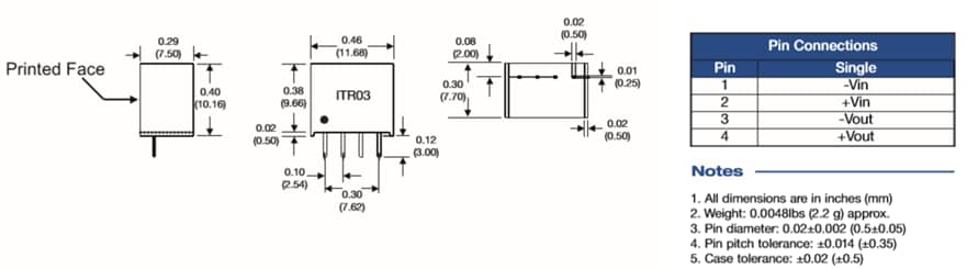 Mechanical Drawing - XP Power ITR03 3W Unregulated DC-DC Converters Mechanical Drawing - XP Power ITR03 3W Unregulated DC-DC Converters